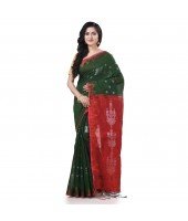 Cotton Silk Handloom Cotton Blend Saree Jharbati Work With Blouse Piece (Green Red)