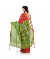  Cotton Silk Handloom Cotton Blend Saree Jharbati Work With Blouse Piece (Light Red Green)