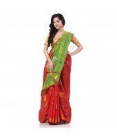  Cotton Silk Handloom Cotton Blend Saree Jharbati Work With Blouse Piece (Light Red Green)