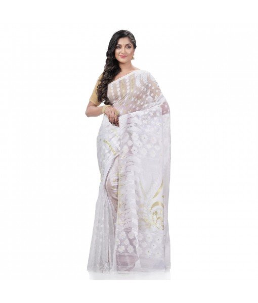  Dhakai Jamdani Pure Cotton Handloom Saree Lojjaboti Design without Blouse Piece (White)