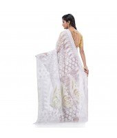  Dhakai Jamdani Pure Cotton Handloom Saree Lojjaboti Design without Blouse Piece (White)