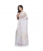  Dhakai Jamdani Pure Cotton Handloom Saree Lojjaboti Design without Blouse Piece (White)