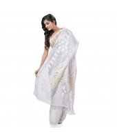  Dhakai Jamdani Pure Cotton Handloom Saree Lojjaboti Design without Blouse Piece (White)