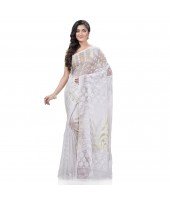  Dhakai Jamdani Pure Cotton Handloom Saree Lojjaboti Design without Blouse Piece (White)