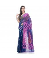  Lojjaboti Leaf Resham Dhakai Jamdani Pure Cotton Handloom Saree Design without Blouse Piece (Deep Blue)