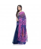  Lojjaboti Leaf Resham Dhakai Jamdani Pure Cotton Handloom Saree Design without Blouse Piece (Deep Blue)