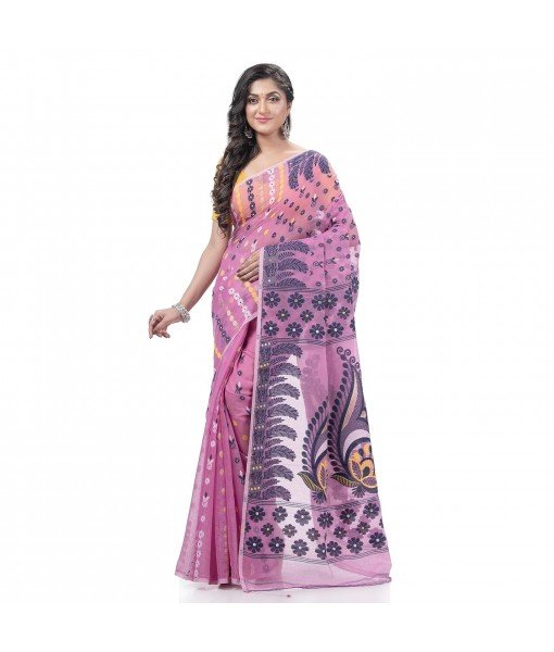  Lojjaboti Leaf Resham Dhakai Jamdani Pure Cotton Handloom Saree Design without Blouse Piece (Pink)