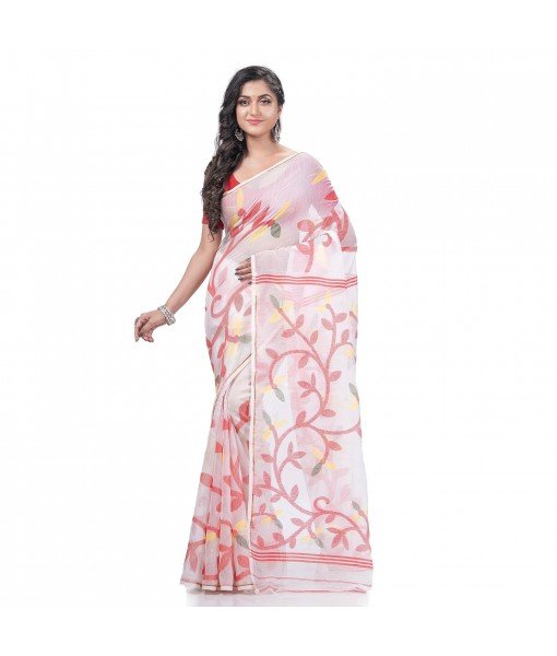 Muslin Resham Dhakai jamdani Bengal Pure Cotton Handloom Saree without Blouse Piece (Pink)