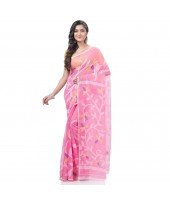 Muslin Resham Dhakai jamdani Bengal Pure Cotton Handloom Saree without Blouse Piece (Pink)