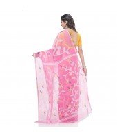 Muslin Resham Dhakai jamdani Bengal Pure Cotton Handloom Saree without Blouse Piece (Pink)