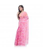 Muslin Resham Dhakai jamdani Bengal Pure Cotton Handloom Saree without Blouse Piece (Pink)