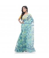 Muslin Resham Dhakai jamdani Bengal Pure Cotton Handloom Saree without Blouse Piece (Firoza)