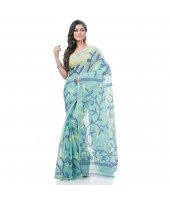 Muslin Resham Dhakai jamdani Bengal Pure Cotton Handloom Saree without Blouse Piece (Firoza)