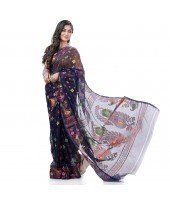 Mayur Pekham Zari Work Resham Dhakai Jamdani Pure Cotton Handloom Saree (Royal Blue)