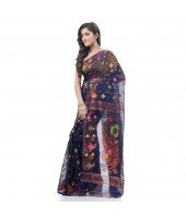 Mayur Pekham Zari Work Resham Dhakai Jamdani Pure Cotton Handloom Saree (Royal Blue)