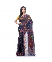 Mayur Pekham Zari Work Resham Dhakai Jamdani Pure Cotton Handloom Saree (Royal Blue)