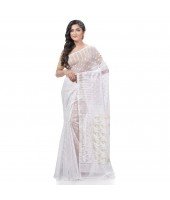  Queen of Diamond Resham Dhakai Jamdani Bengal Pure Cotton Handloom Saree (White)