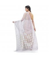  Queen of Diamond Resham Dhakai Jamdani Bengal Pure Cotton Handloom Saree (White)