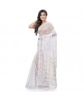  Queen of Diamond Resham Dhakai Jamdani Bengal Pure Cotton Handloom Saree (White)