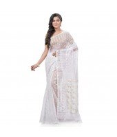  Queen of Diamond Resham Dhakai Jamdani Bengal Pure Cotton Handloom Saree (White)