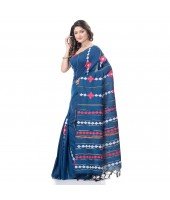 Bengali Khesh Pure Cotton Handloom Saree Diamond Designed With Blouse Piece(Prussian Blue)