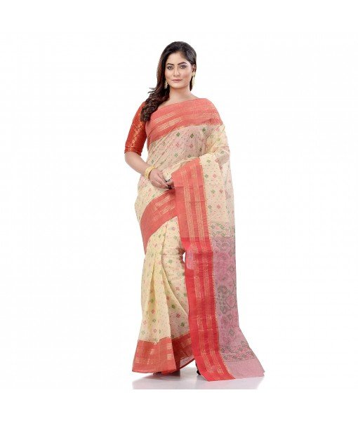  Bengal Tant Jamdani Printed Handloom Cotton Saree Without Blouse Piece (Orange)