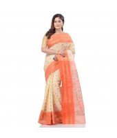  Bengal Tant Jamdani Printed Handloom Cotton Saree Without Blouse Piece (Orange)