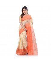  Bengal Tant Jamdani Printed Handloom Cotton Saree Without Blouse Piece (Orange)