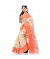  Bengal Tant Jamdani Printed Handloom Cotton Saree Without Blouse Piece (Orange)