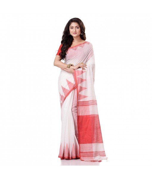 Bengali Handloom Tant Pure Cotton Saree Temple Par Desigined With Blouse Piece (Blue Pink)