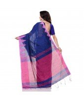 Bengali Handloom Tant Pure Cotton Saree Temple Par Desigined With Blouse Piece (Blue Pink)