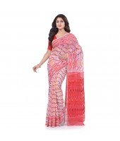 Nakshakata Dhakai jamdani Bengal Pure Handloom Cotton Saree Whole Body Design without Blouse Piece (White Red)