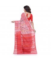 Nakshakata Dhakai jamdani Bengal Pure Handloom Cotton Saree Whole Body Design without Blouse Piece (White Red)