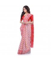 Nakshakata Dhakai jamdani Bengal Pure Handloom Cotton Saree Whole Body Design without Blouse Piece (White Red)