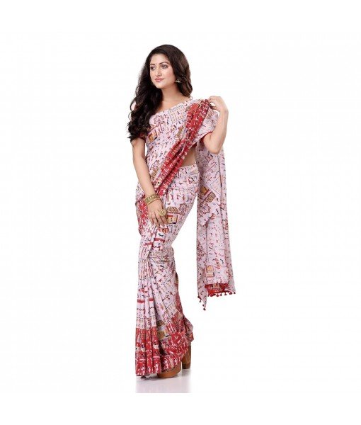  Kalamkari Printed Handloom Cotton Saree Border Tassels Without Blouse Piece (white red)