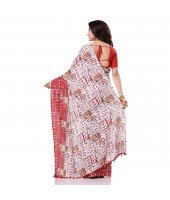  Women`s Traditional Bengal Soft Kalamkari Printed Handloom Cotton Saree Border Tassels Without Blouse Piece White Red