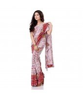  Women`s Traditional Bengal Soft Kalamkari Printed Handloom Cotton Saree Border Tassels Without Blouse Piece White Red