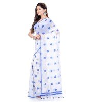 Women`s Traditional Hand Woven Malmal Bengal Handloom Pure Cotton Saree Without Blouse Piece (Blue White)