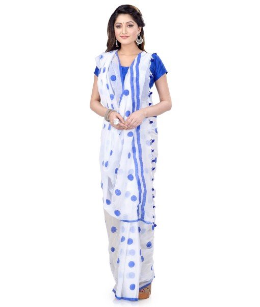 Women`s Traditional Hand Woven Malmal Bengal Handloom Pure Cotton Saree Without Blouse Piece (Blue White)