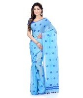 Women`s Traditional Hand Woven Malmal Bengal Handloom Pure Cotton Saree Without Blouse Piece (Sky Blue Deep Blue)