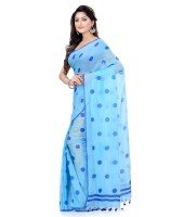 Women`s Traditional Hand Woven Malmal Bengal Handloom Pure Cotton Saree Without Blouse Piece (Sky Blue Deep Blue)