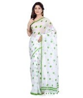 Women`s Traditional Hand Woven Malmal Bengal Handloom Pure Cotton Saree Without Blouse Piece (Green White)