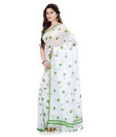 Women`s Traditional Hand Woven Malmal Bengal Handloom Pure Cotton Saree Without Blouse Piece (Green White)