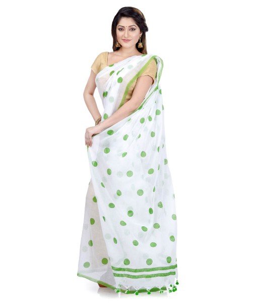 Women`s Traditional Hand Woven Malmal Bengal Handloom Pure Cotton Saree Without Blouse Piece (Green White)