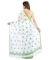 Women`s Traditional Hand Woven Malmal Bengal Handloom Pure Cotton Saree Without Blouse Piece (Green White)