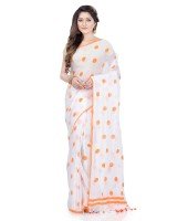 Women`s Traditional Hand Woven Malmal Bengal Handloom Pure Cotton Saree Without Blouse Piece (Orange White)