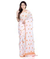 Women`s Traditional Hand Woven Malmal Bengal Handloom Pure Cotton Saree Without Blouse Piece (Orange White)