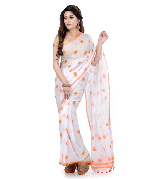 Women`s Traditional Hand Woven Malmal Bengal Handloom Pure Cotton Saree Without Blouse Piece (Orange White)