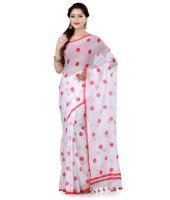 Women`s Traditional Hand Woven Malmal Bengal Handloom Pure Cotton Saree Without Blouse Piece (Red White)