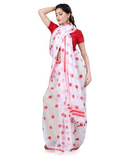 Women`s Traditional Hand Woven Malmal Bengal Handloom Pure Cotton Saree Without Blouse Piece (Red White)